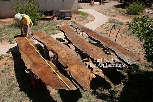 Earl measuring mesquite slabs for custom made live edge dining table